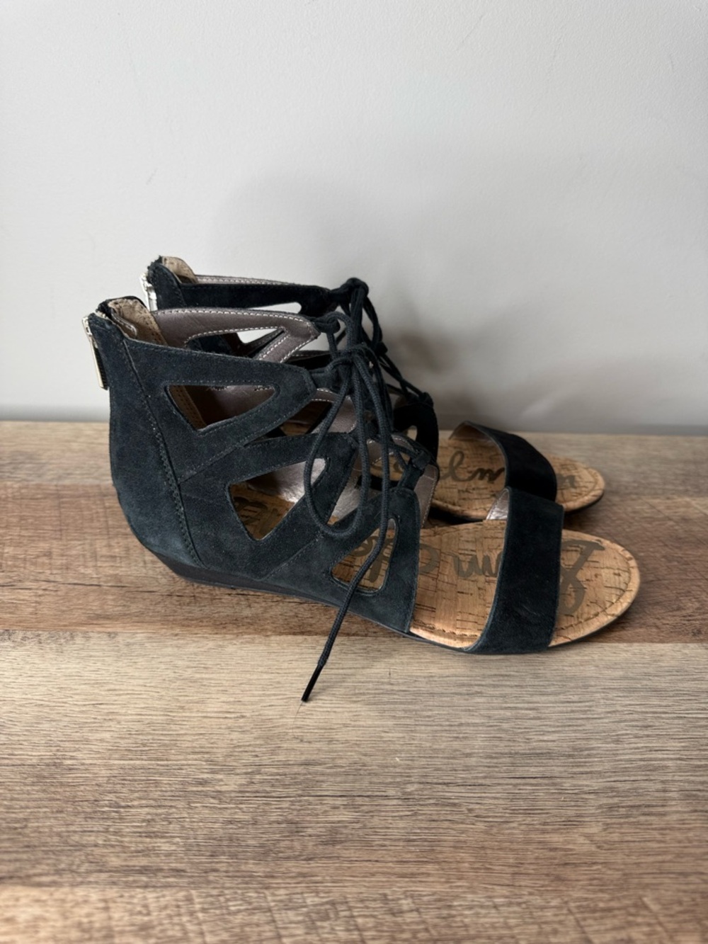 SAM EDELMAN Black Suede Dean Gladiator Sandals Lace Up Cork Zipper Size 7 - Picture 3 of 12